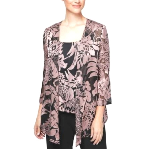 ALEX EVENINGS Womens Pink Black Floral Jacquard Top Sheer Cardigan Set Size L - Picture 9 of 14